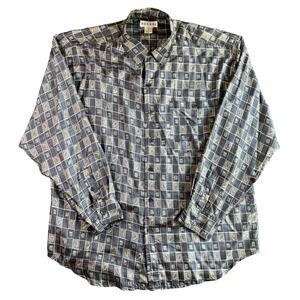 Bogari Mens 100% Silk Button Up Shirt Geometric Abstract XL Blue Grey Brown